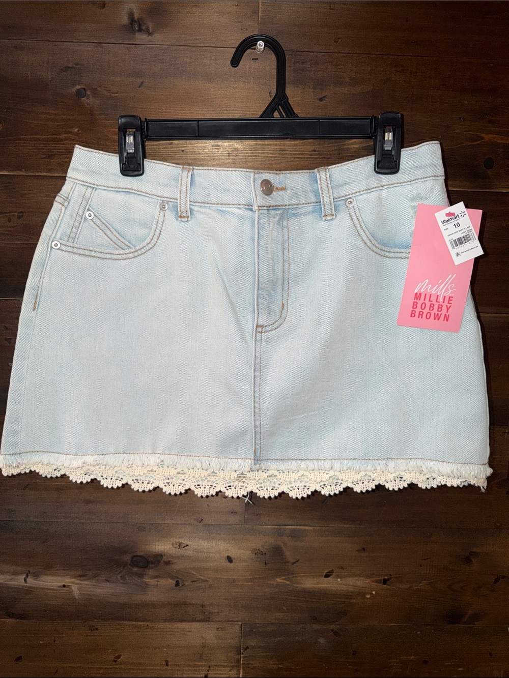 Light Blue Denim Mini Skirt with Crochet Trim